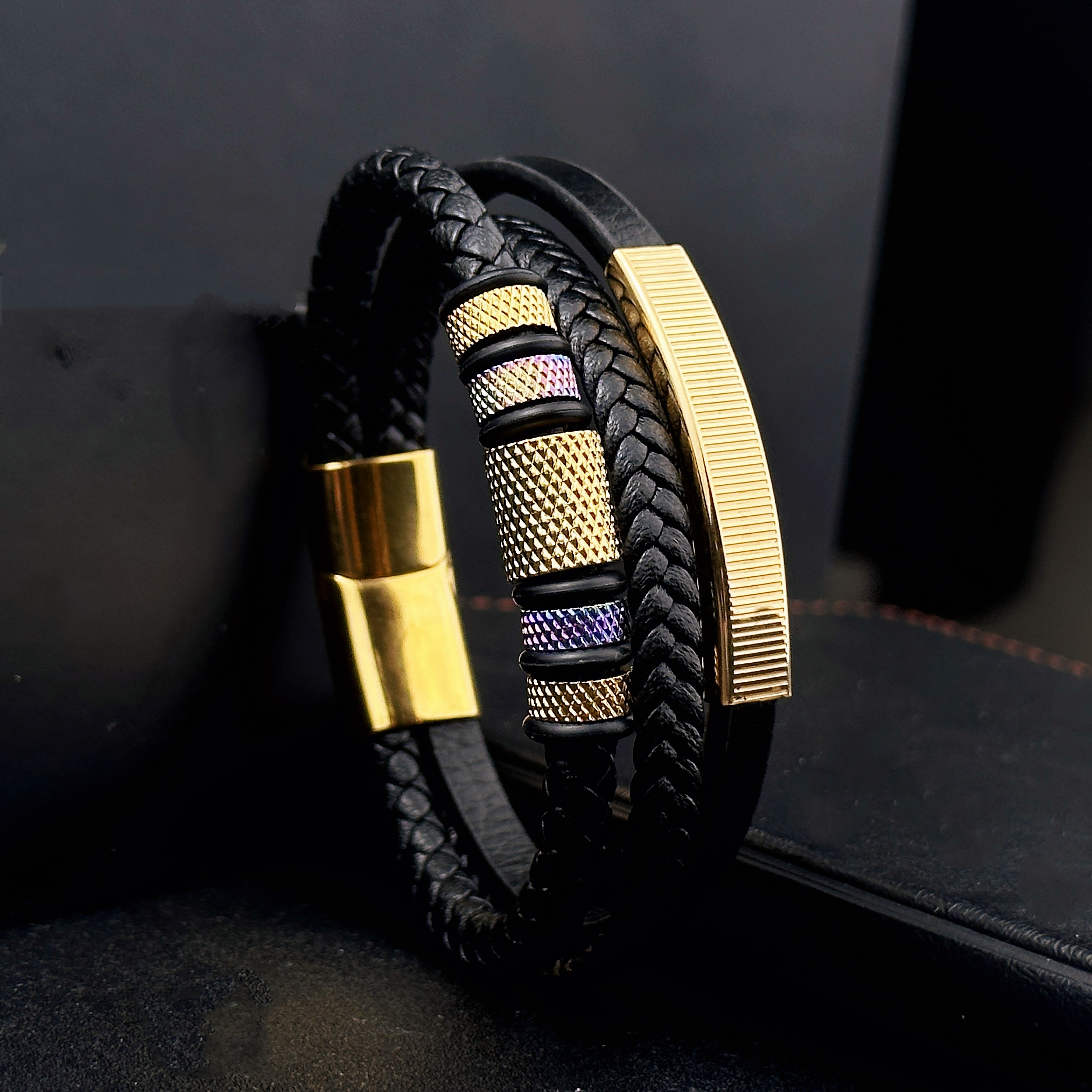 Image of 1pc Magnetic Lock Stainless Steel Bracelet For Men Multi Layer Leather Titanium Stainless Steel Hip Hop Style Fashion Accessory