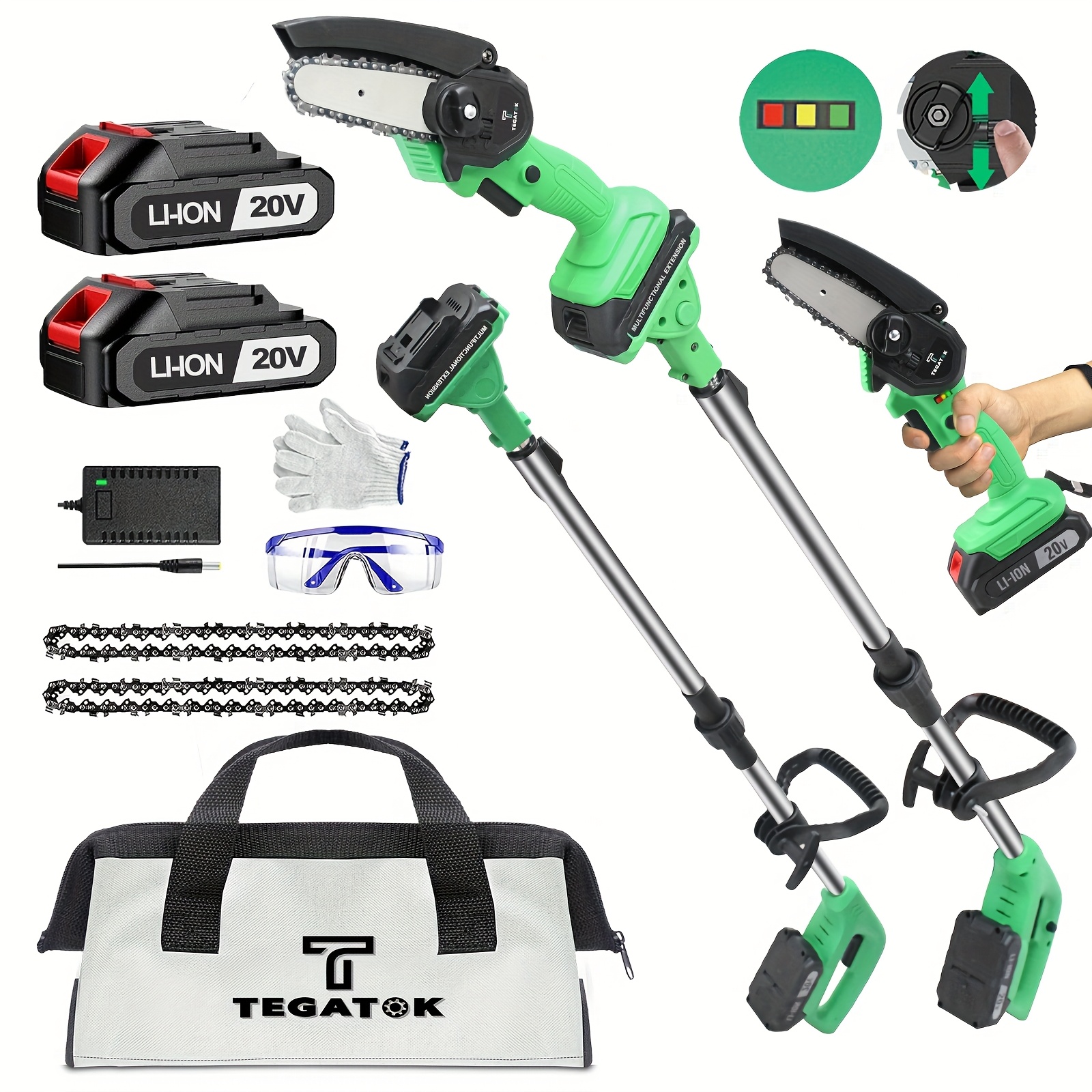 

Tegatok 2-in-1 Mini Chain Saw, With 5.5 Ft Extendable Rod, 2 Batteries And , Cordless Pole Saw, Small Handheld Portable Chainsaw Battery Powered Chain Saw For Cutting Wood Trimming And Woodworking