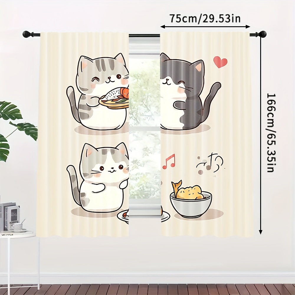 TEMU 2枚の可愛い猫シェフカーテン - 2Dプリント、ポリエステル製、光量をフィルタリング、寝室、リビン、オフィス、寮の装飾に最適、ハートやプレートのイラストが付いたかわいいカートゥーン猫デザイン、リビン用のカーテン