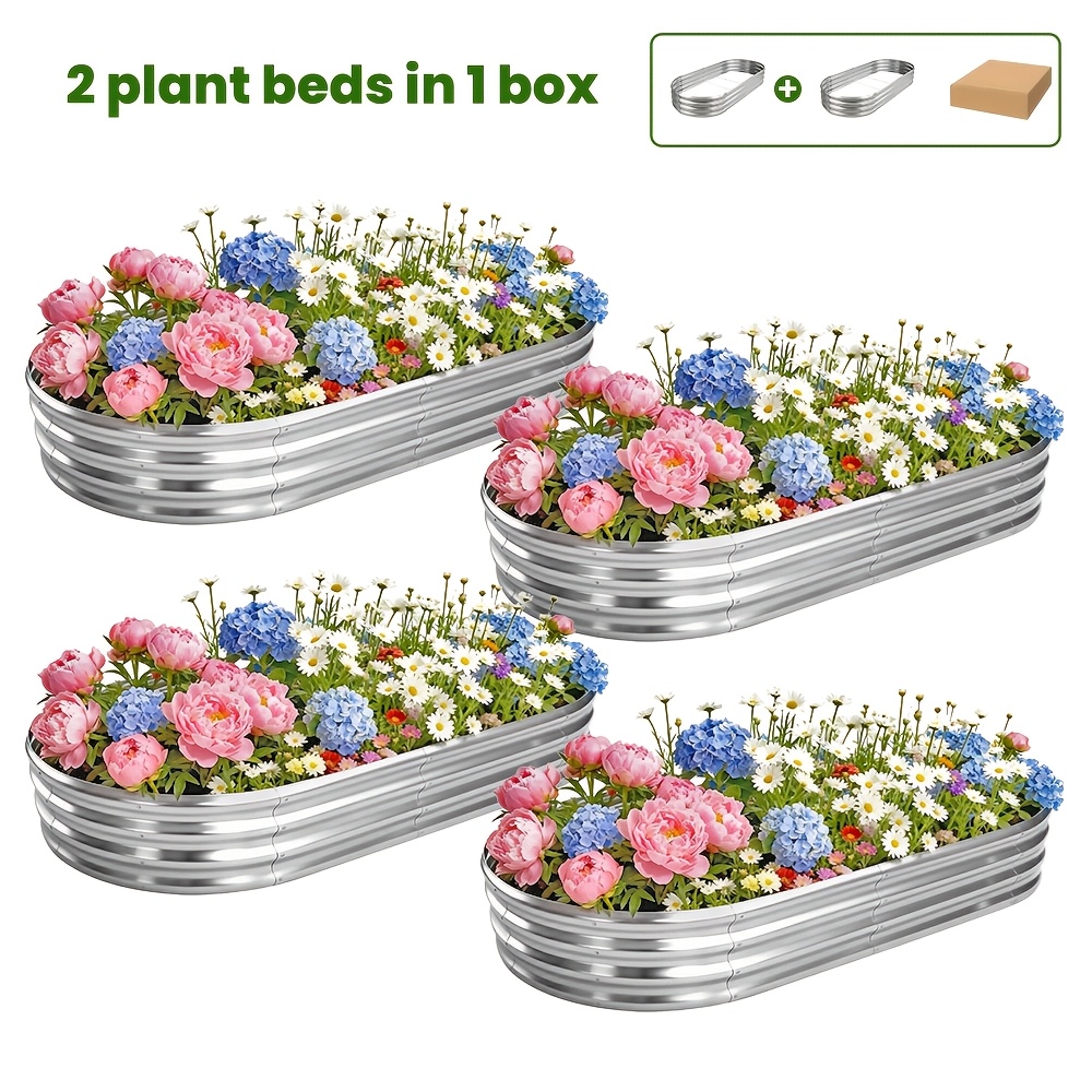 TEMU Bac de Jardin surélevé Galvanisé Lot de 4/2 pièces - 6x3x1ft, Jardinière Ovale d'Extérieur Galvanisée, Convient pour Fleurs, Plantes, Légumes et