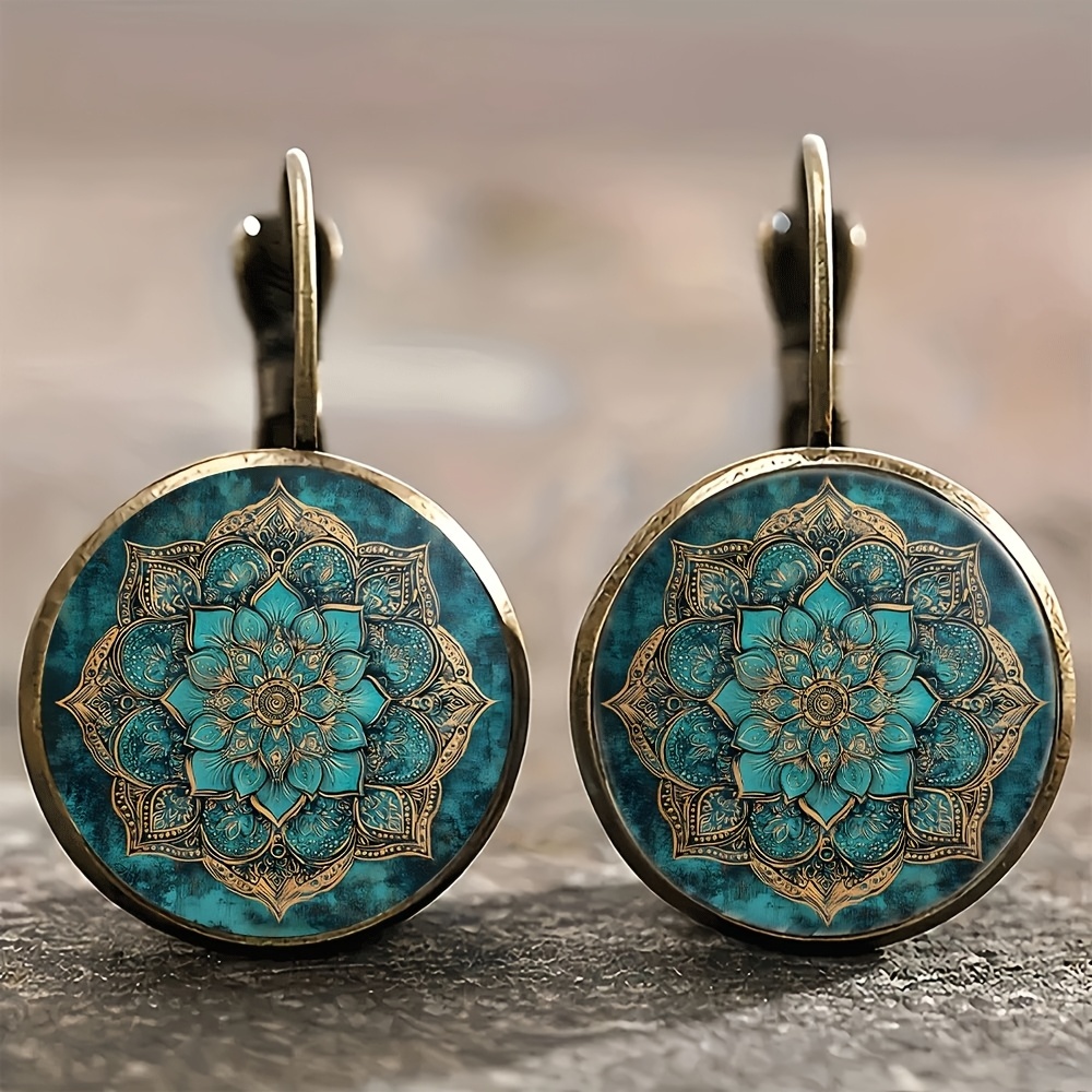 Alloy Retro Round Earrings, Mandala Pattern Vintage Earrings, Luxury Accessories, Minimalist , Versatile Everyday Jewelry, Gift , Suitable For Occasions
