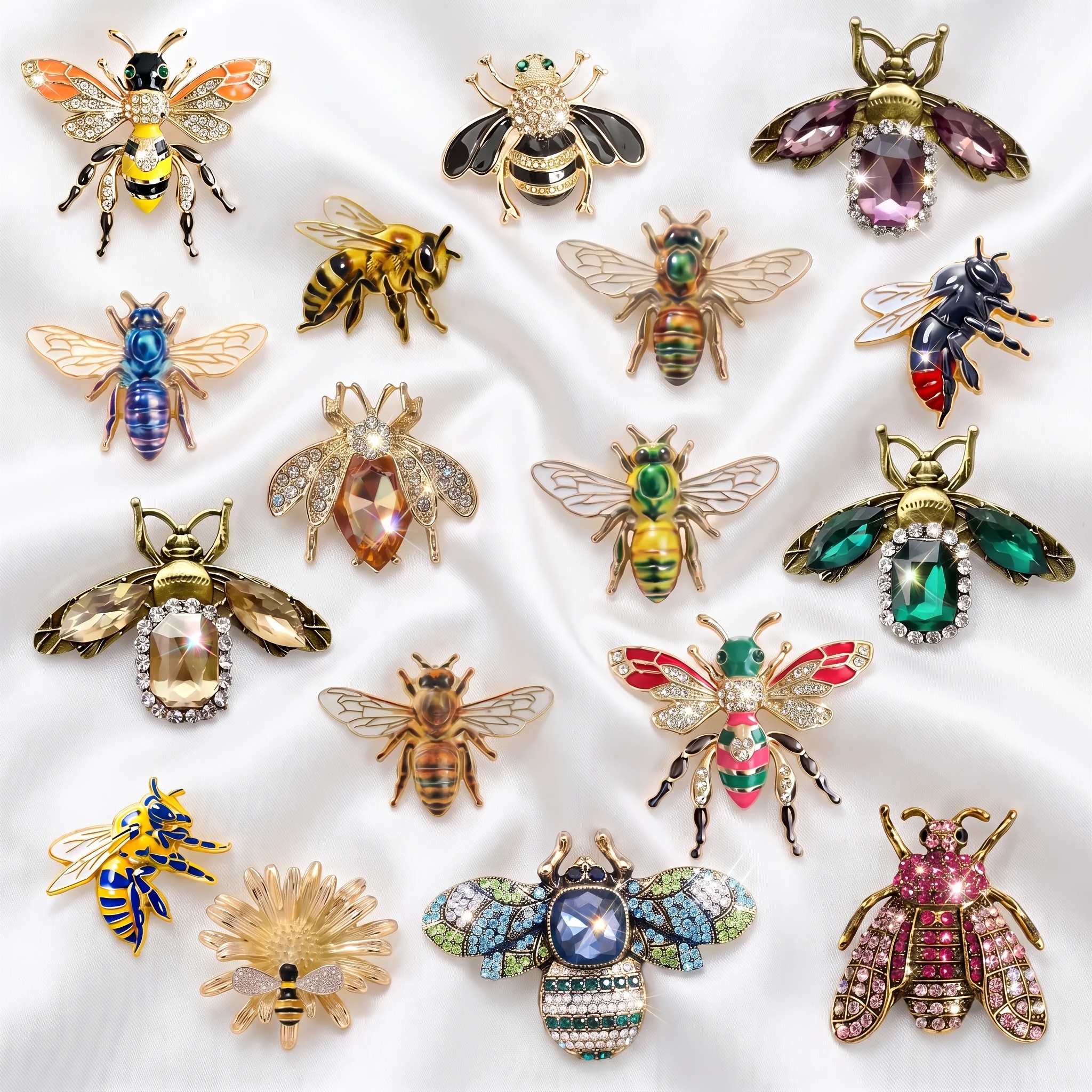 TEMU 8pcs Random Style Oil Badge Alloy Large Size Style Random Inlaid Rhinestone Bee Shaped Badge Main Body With A Longest Edge Exceeding 3cm Badge,