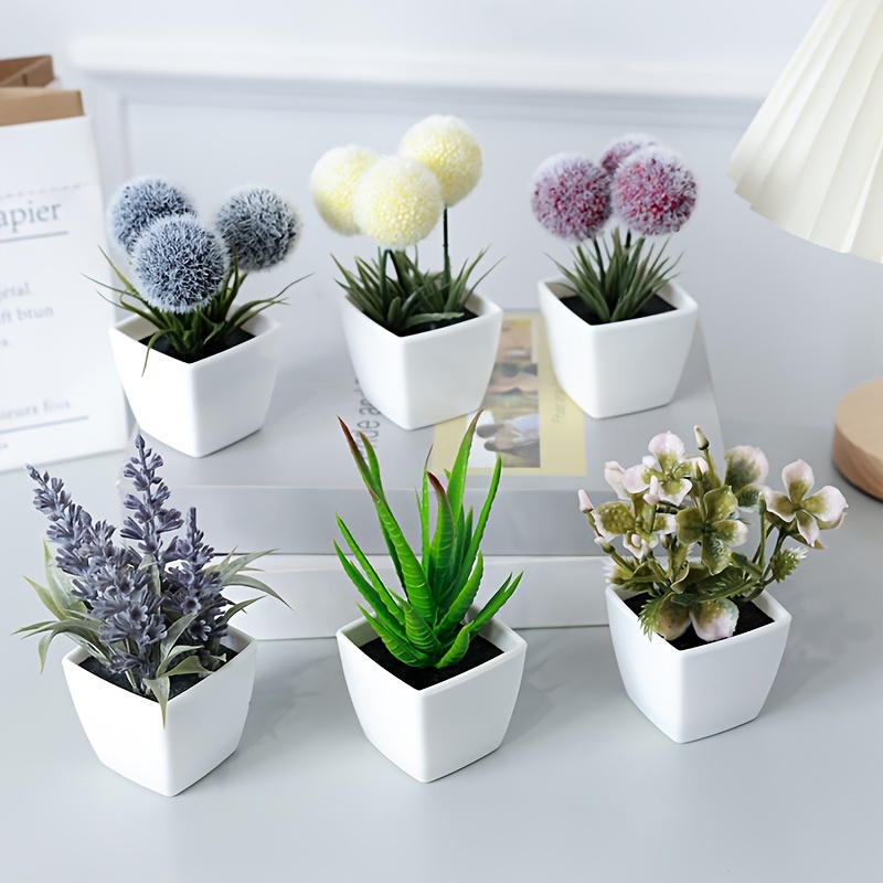 1SET Mini Plant Pots, Artificial Flower Plants in Small Pots, Plastic White  Pots, Suitable for Indoor Desktop, Window Display, And Bookshelf Decoration