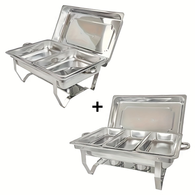 TEMU 1pc/2pcs For Cooking Double Grid/ 3 Grids, 8 Qt Full Size Stainless Steel Baking Pan Buffet Set With Water Plate, Silvery Rectangular Dining
