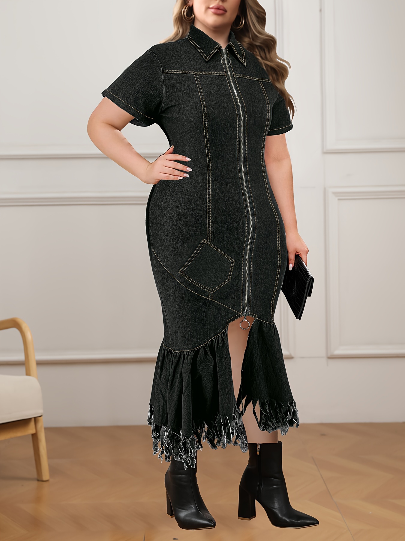 218353 cross border plus size womens denim dress women's - Temu Kazakhstan