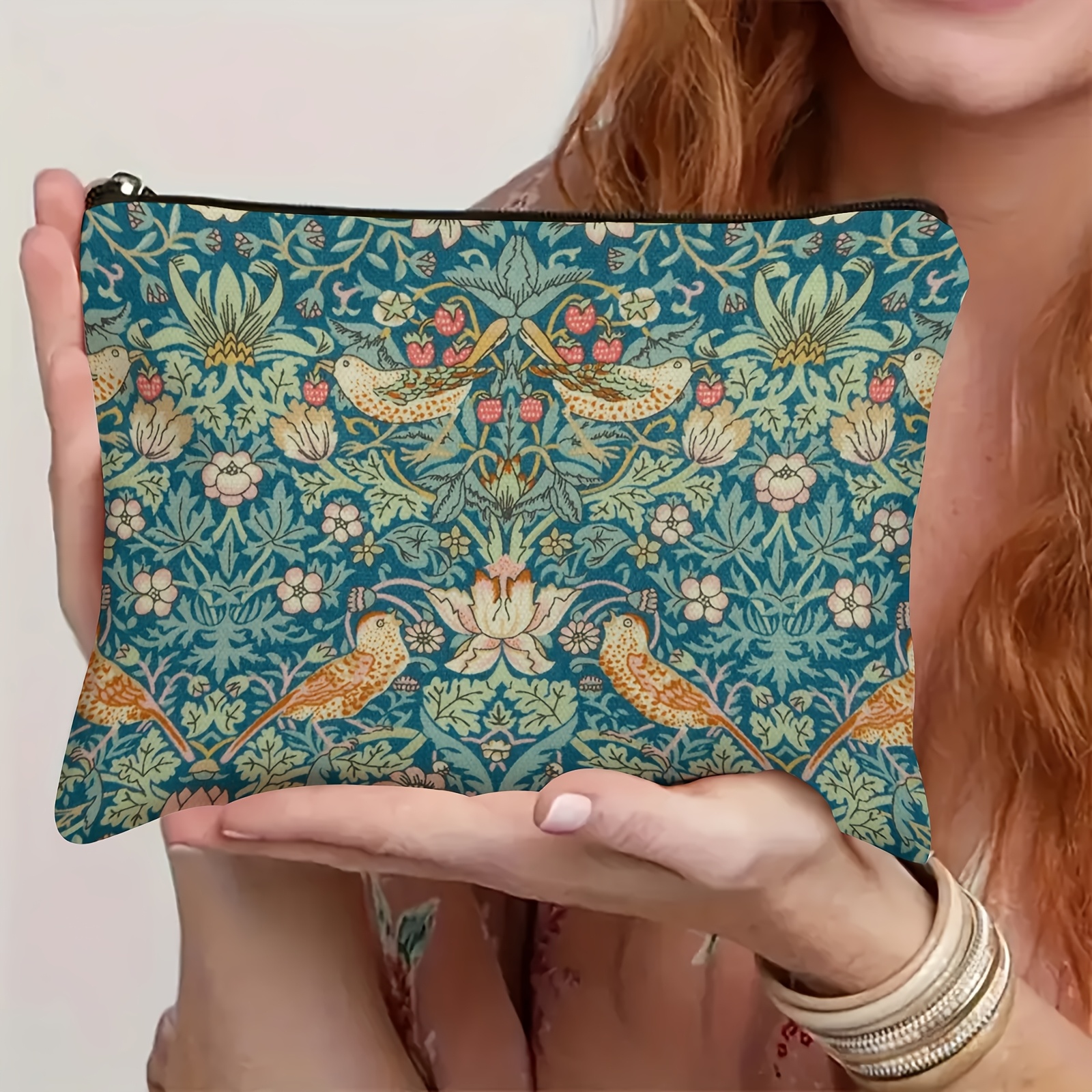 

-inspired Strawberry Makeup Bag, Fashion Cosmetic Zip Pouch With Hand Washable Care - Floral And Bird Print Clutch.