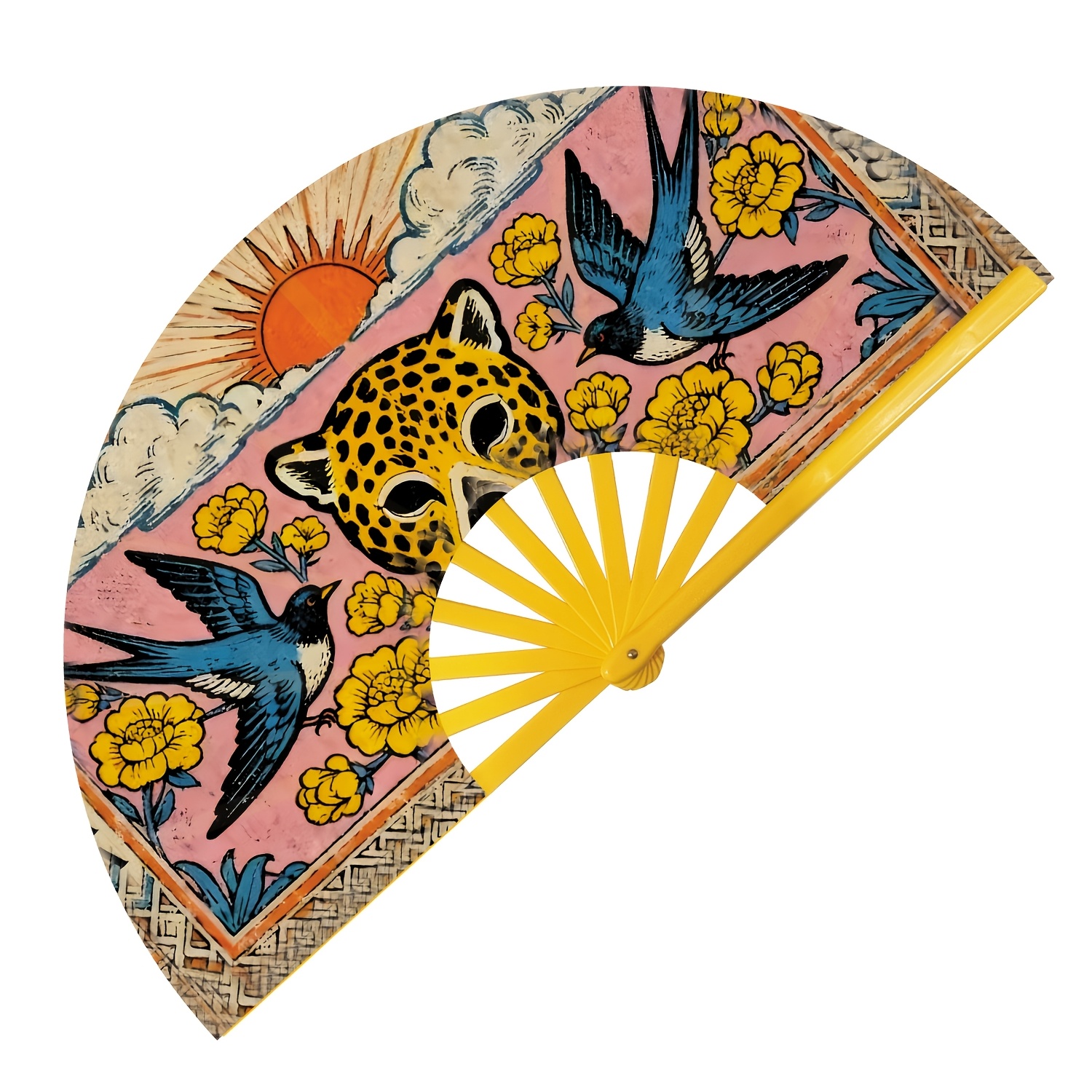TEMU 1pc 13-inch Vintage Tattoo Print Folding Hand Fan, Leopard Swallow , , Portable Cooling Fan, Festival Party Accessory, Wall Decoration, Gift For