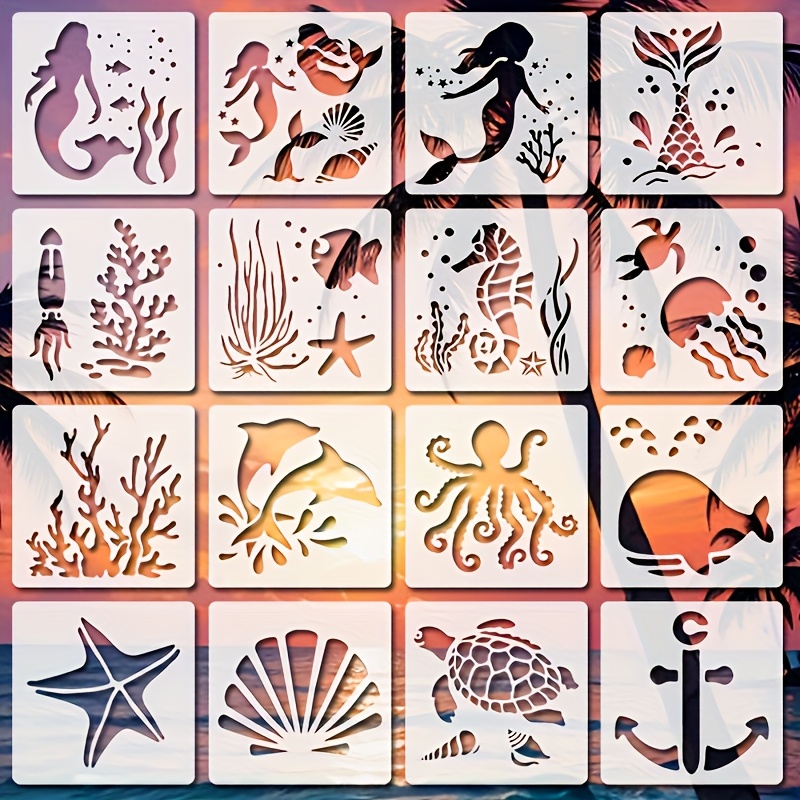 E-shop 16-teiliges Ozeanwesen-Stanzset, 3,9-Zoll-Wiederverwendbare Mermaid-Malvorlagen, Kunststoff-See-Tier-Zeichnungs-Stanz für DIY-Kunsthandwerk,