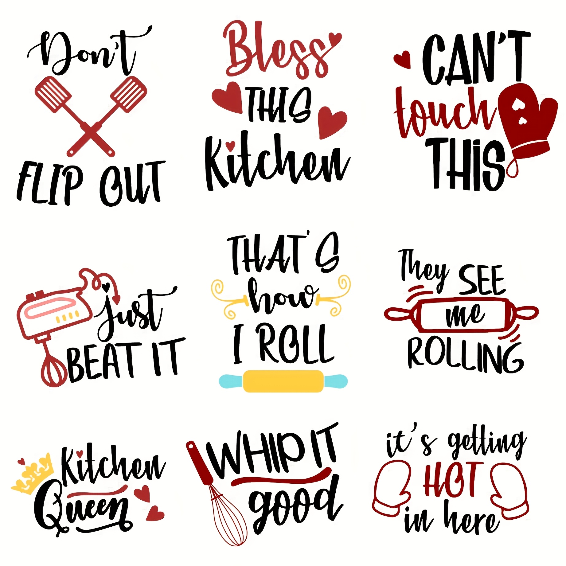 

9pcs Diy Kitchen Heat Transfer Stickers Set - Versatile Iron-on Decals For T-shirts, Jeans, Masks & Backpacks