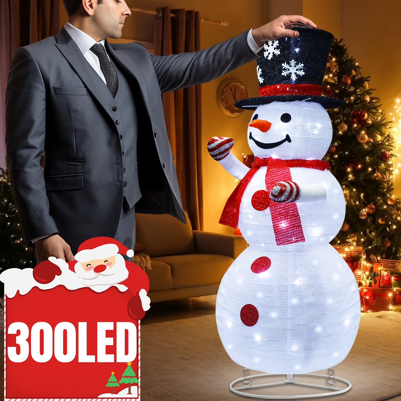 

High Quality Snowman Glow, Pop-up Snowman Outdoor Yard Christmas Decoration Pre-lit 300 Lights, Foldable Glowing Snowman Wearing Red Scarf And Fixed Box For Home Porch Yard Decoration