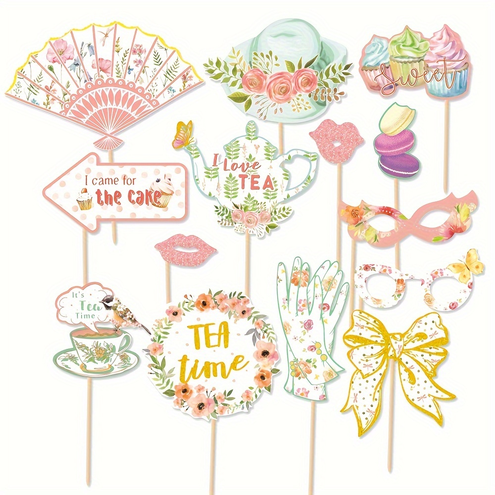 

14pcs Tea Party Photo Booth Props Set, Inspired Paper Decorations, Floral Garden Party Supplies, Bridal Shower Accessories For Girls & Women - Assorted Sizes