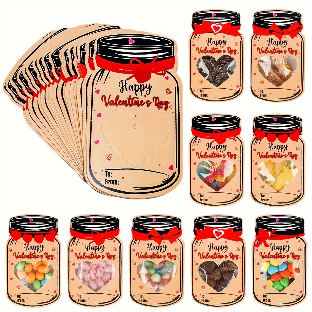 

Valentine's Day Classic Treat Bags - 50pcs Jar Shaped Card Gift Tags With Twist Ties & Clear Bags For Party Favors, Diy Message Exchange Cards, Seasonal Classroom Gifts - Candy Not Included