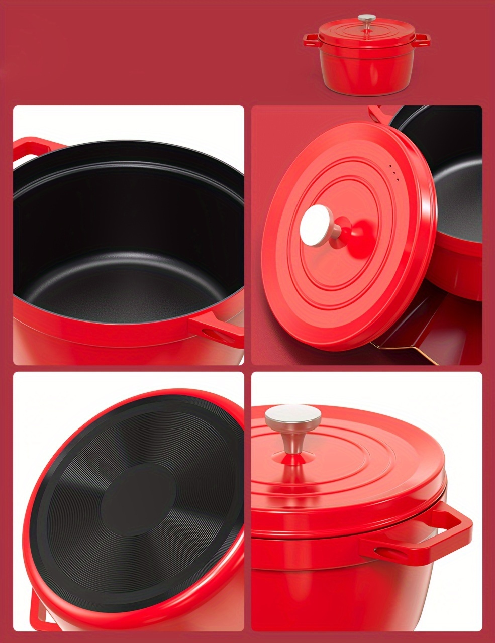 1pc red cast iron dutch oven 9 4in 24cm non stick multi purpose pot 4l for gas electric stove kitchen cookware details 6