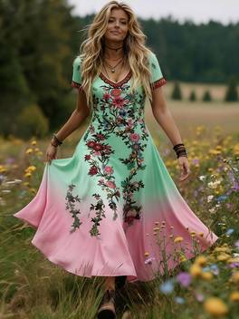 plus size plus size ladies fashionable retro artistic floral printed v neck dress with a large skirt hem