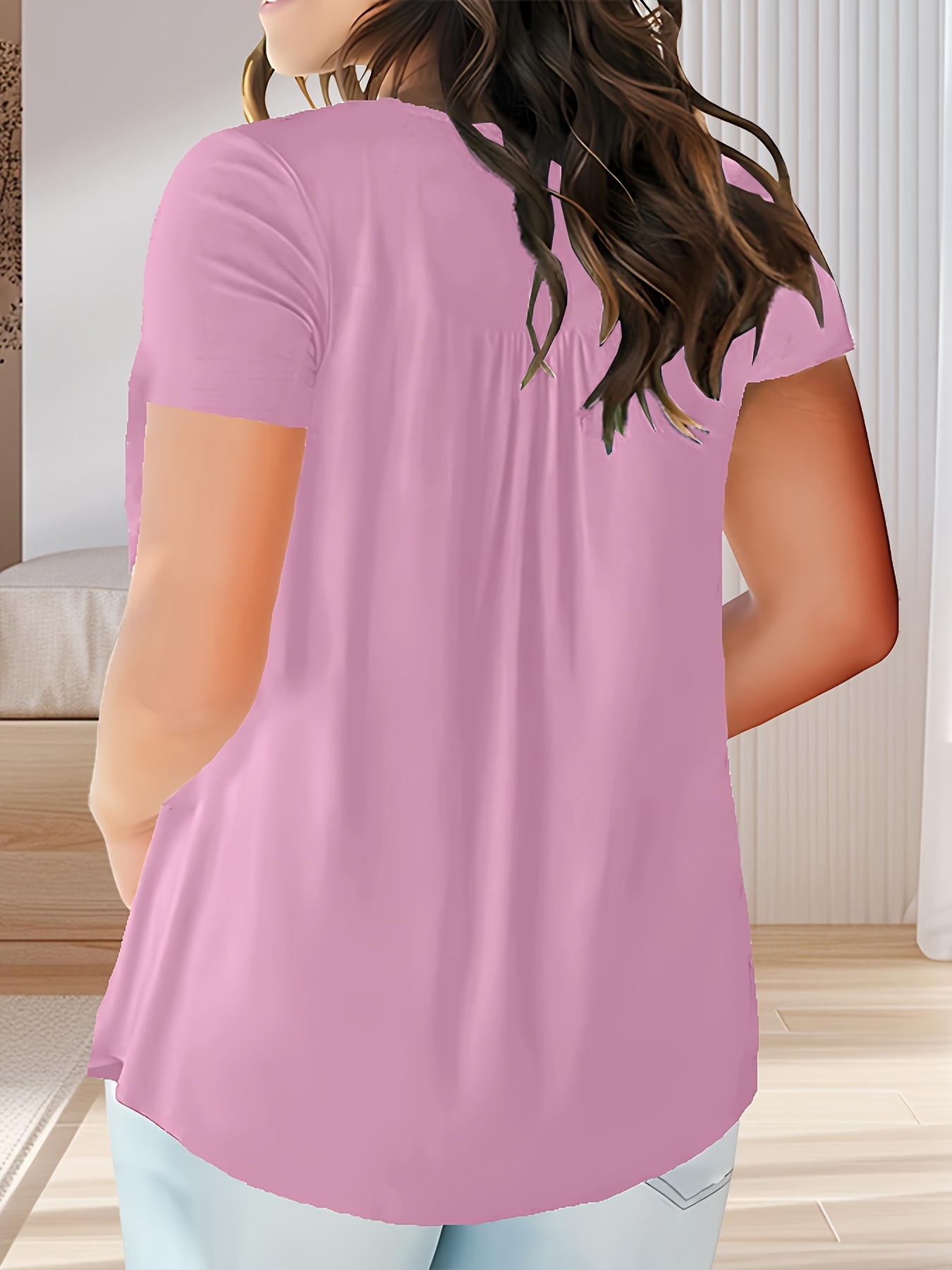 Women'S Plus Size Casual Buttoned Pleated T-Shirt, Summer Knit Fabric Top, Crew Neck, Solid Color, Slight Stretch, Oversized Pullovers, Polyester 95% Spandex 5% - Navy Blue