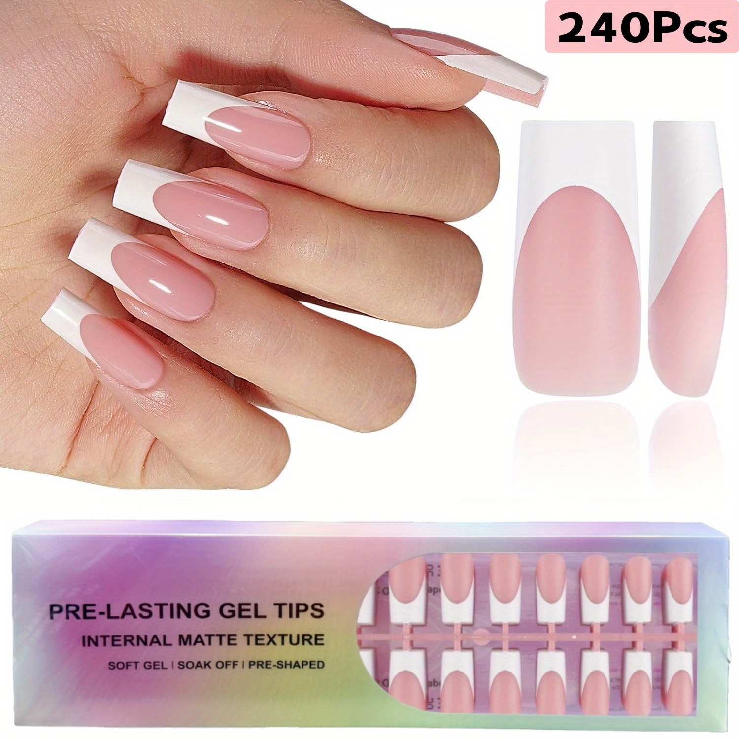 Image of 240pcs Gel Nail Tips, Pointed Tips Press-on Nails, Rectangular Powder White, 3-in-1 Long-lasting Pointed Fake Nails, Suitable For Women's Nail Art Decoration