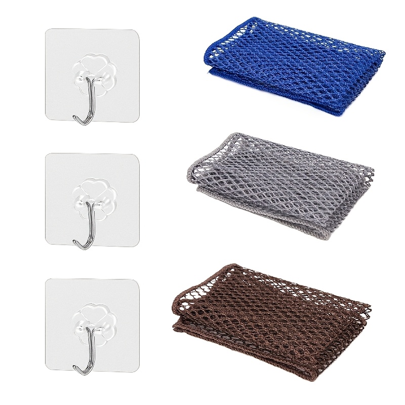 TEMU Lot de 6 pièces (3 couleurs aléatoires + 3 crochets en tissu) Chiffon de vaisselle en en polyester durable, réutilisable, non abîmant, n'adhère