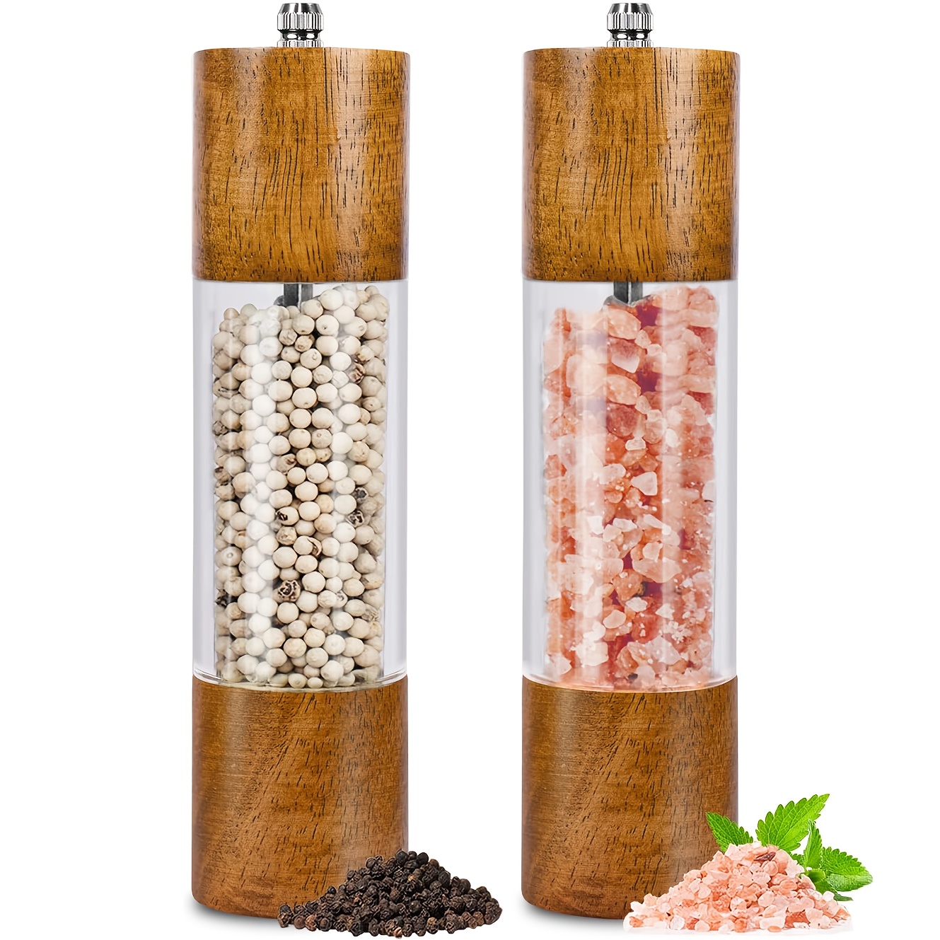 Set Of Kitchen Grinders For Salt And Black Pepper Featuring A Transparent Acrylic Container And A Ceramic Grinding Mechanism, Designed For Manual Use