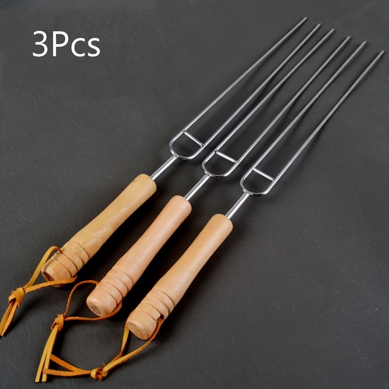 

Outdoor Bbq Barbecue Fork Stainless Steel Barbecue Fork 3 U-shaped Hot Dog Forks Telescopic U-shaped Wooden Handle Outdoor Round Fork