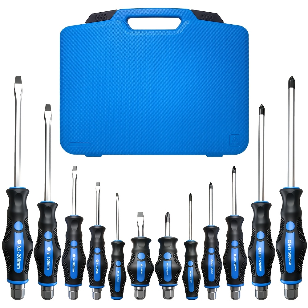 TEMU 12pcs Screwdriver Set, Solid Through Hardened Shaft Impact Knockable Design, Magnetic Bits, Anti-slip Grip, Assorted Sizes Flat And Phillips