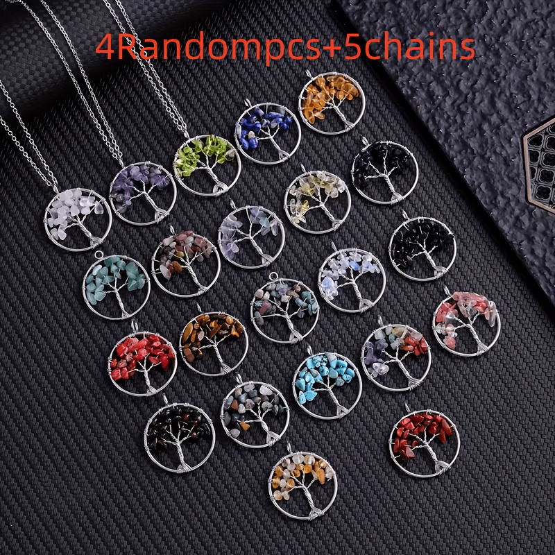 TEMU 9pcs (4pcs Pendentifs Couleurs Aléatoires et 5pcs Chaînes) Collier Pendentif Arbre de Vie Cristal Naturel Arbre de Vie Rond Décoration Peut Être