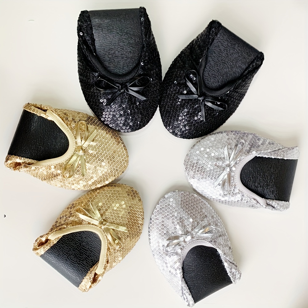 

Women's Foldable Portable Travel Ballet Flat Roll Up Slipper Shoes Shinny Sequins With Purse