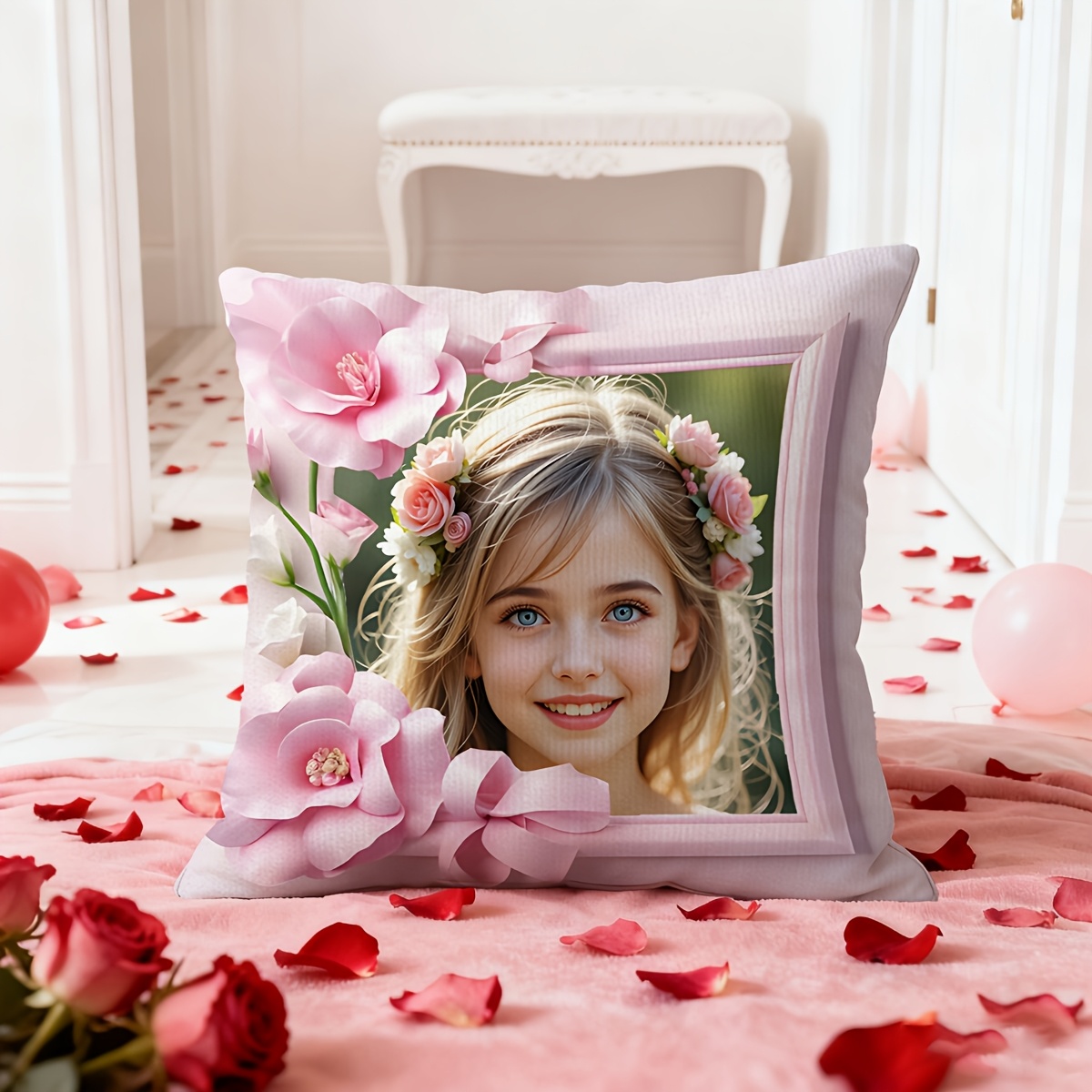 TEMU 1pc Of Custom Photo Product, Featuring An Exquisite With A Pink Floral Border. This Pillowcase Is Suitable For Pillows And Sofa Cushions, With