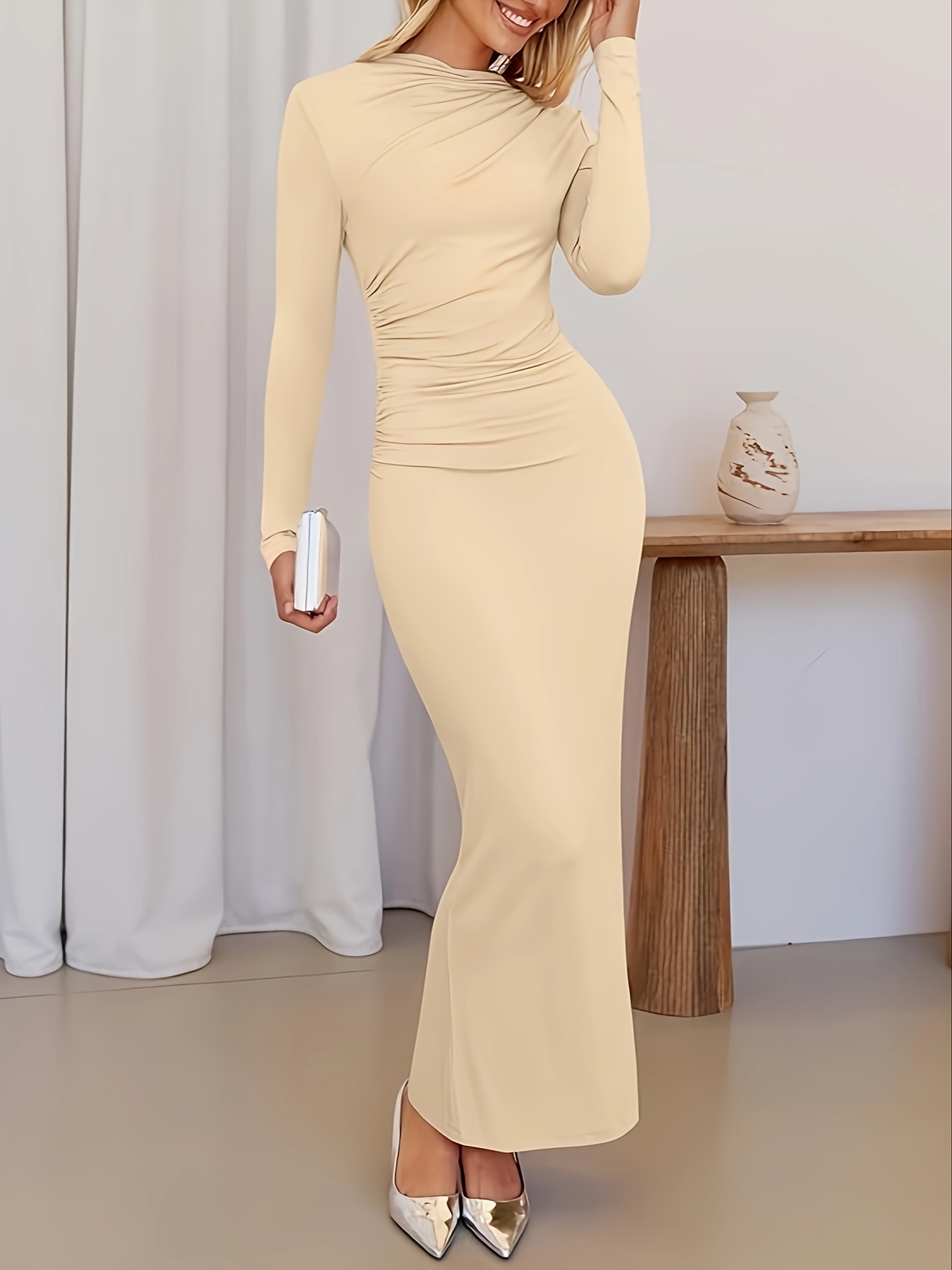 Women's Ruched Crew Neck Bodycon Maxi Dress - Long Sleeve Side Slit * Fit  Cocktail Dress, Medium *-Washable * Casual to Party Wear, Long Sleeve Maxi  Dress