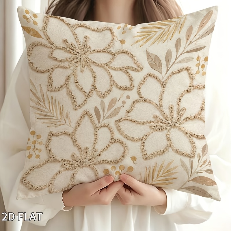 TEMU 18x18 Inch 1pc Square Decorative Pillowcase, Rustic Elegant Floral Botanical Pattern, Tufted Embroidered Texture Design, Creamy Background,