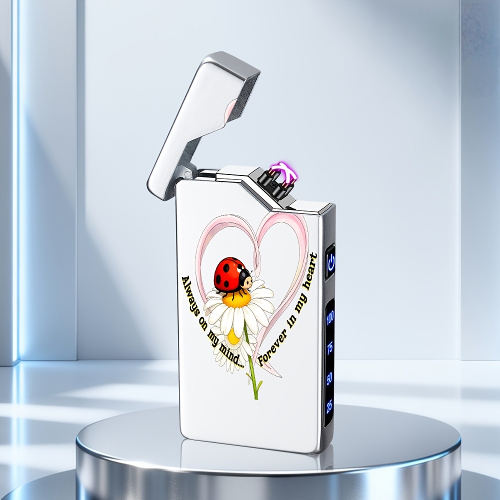 TEMU 1pc Heart Daisy Ladybug Pattern Print Metal Electronic Lighter, Dual With Power Display, Usb-c Rechargeable, Usable At High . Suitable For