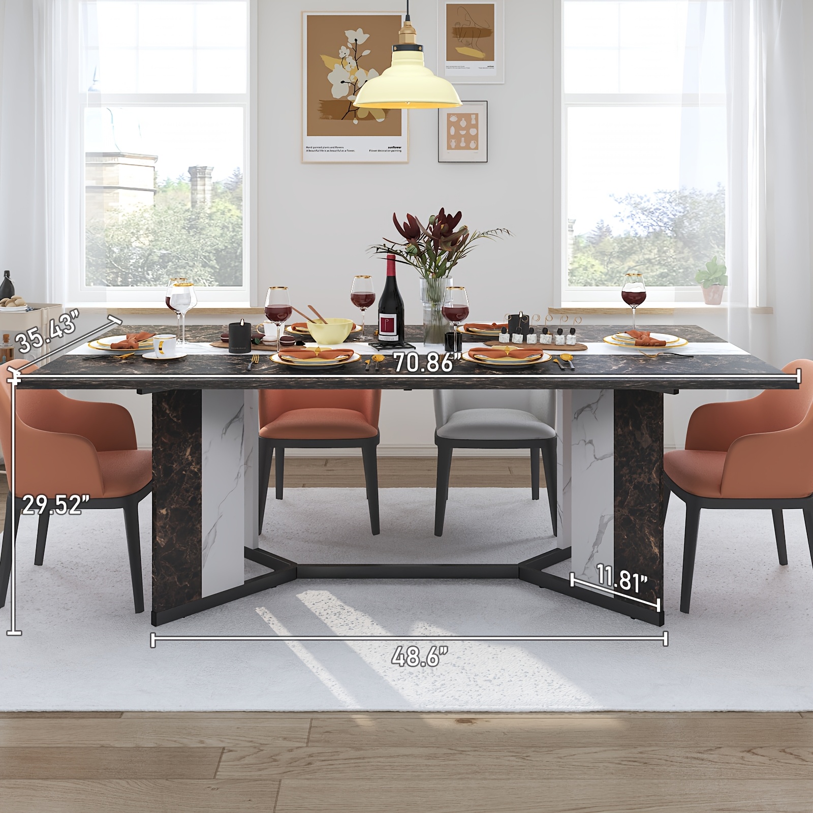 Waterproof and Scratch-Proof Dining Table - Luxurious 71-Inch Large Rectangular with Marble-Color Wood Top - Adjustable V-Shaped Legs for 4-7 People - Ideal for Family Dinners, Office, Kitchen, Living Room