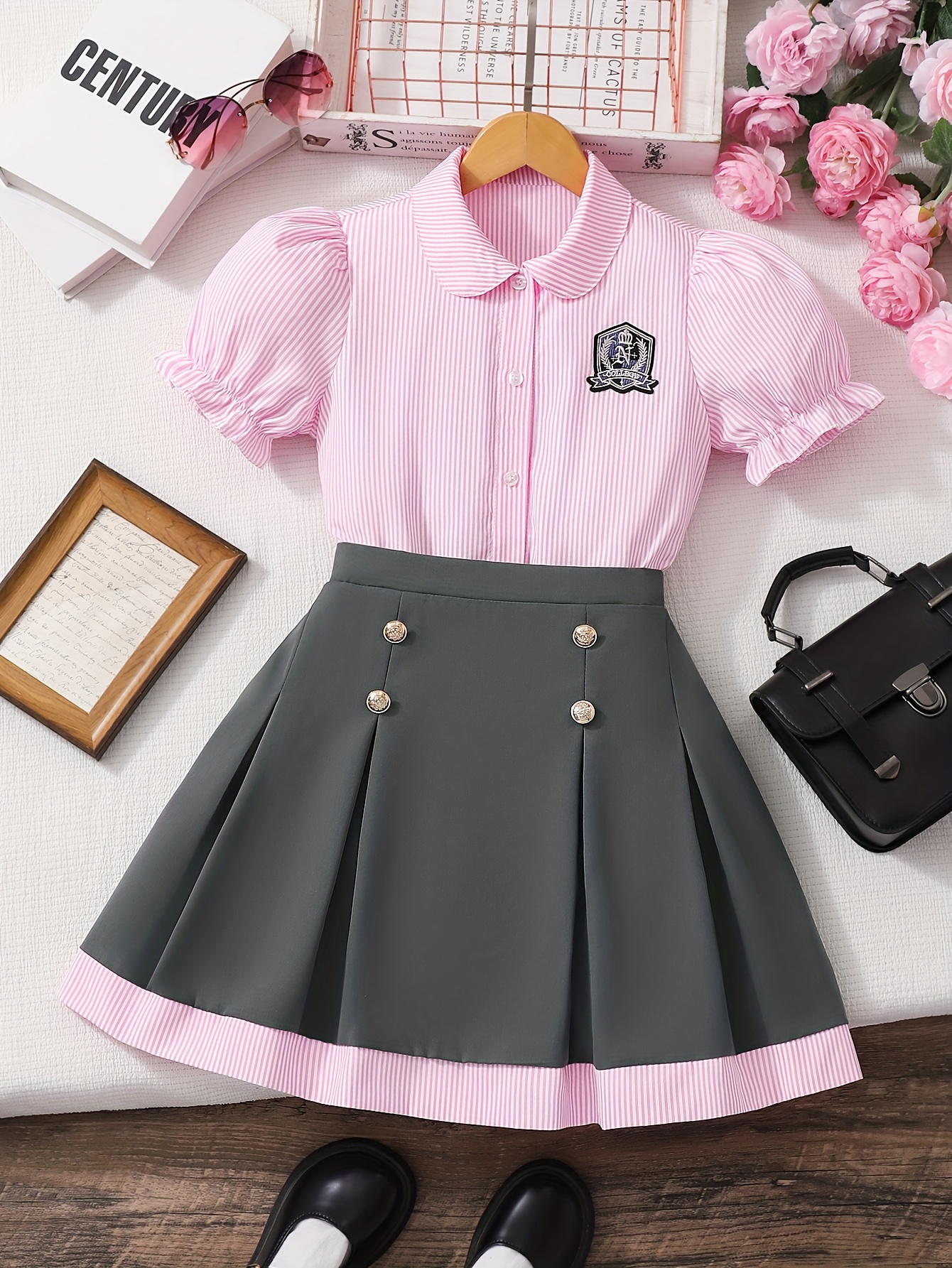 back school shirt girls' college style pleated skirt set Temu