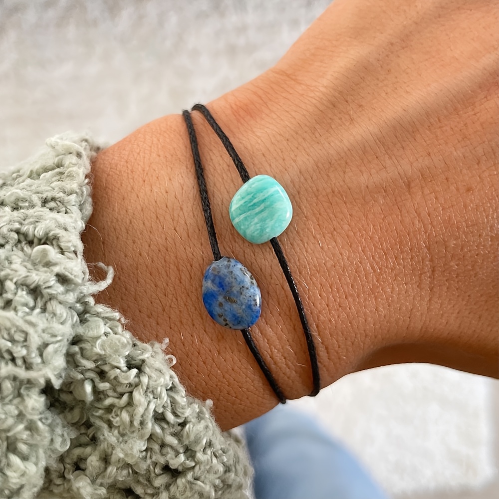 TEMU 1pc Double Layer Natural Stone Bracelet, Multiple Styles , Handmade Adjustable Cord Bracelet, Stone Bracelets, Black Cord Bracelets For Women,