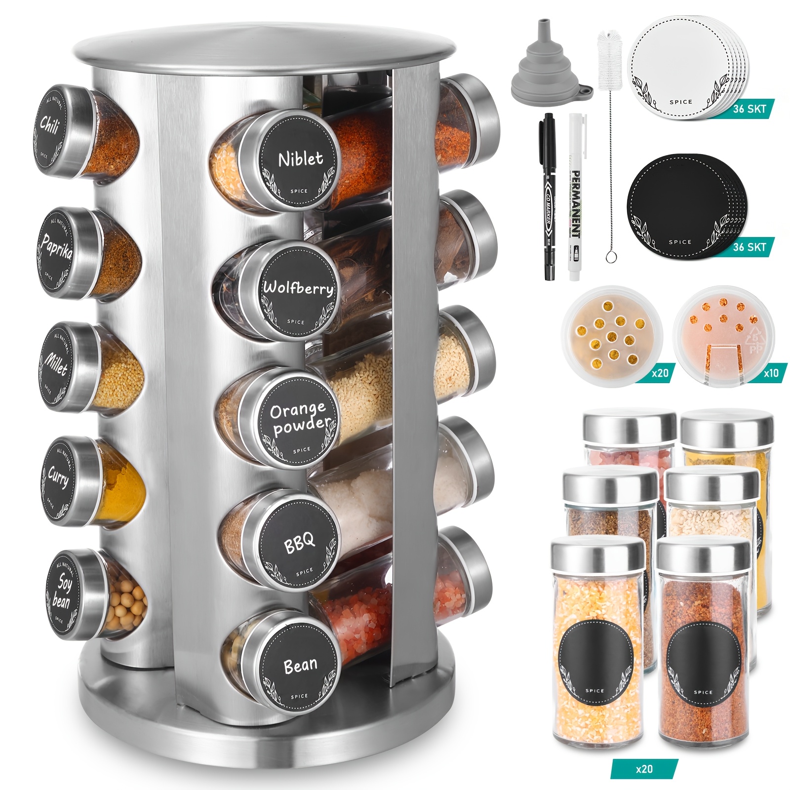 TEMU Circular Spice Rack With 20 Round Spice Jars, 360° Rotating Stainless Steel Spice Turntable, Spice Storage Box, Upright Spice Rack, Spice Jars