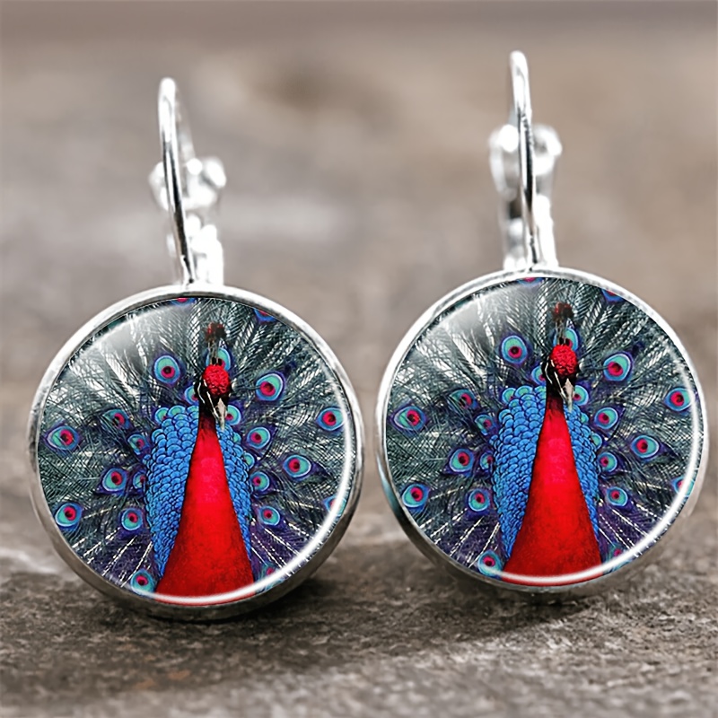 2pc Peacock Feather Round Glass-inlaid Earrings Set