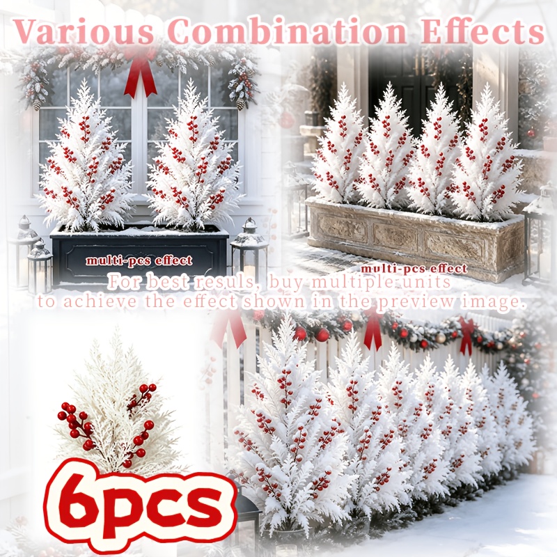 TEMU 6pcs Blanc Artificiel en Cèdre et Sapin avec Rouges - Bouquet Décoratif Haut de Gamme Fleurs Artificielles, Décoration, Convient pour Cadeau de