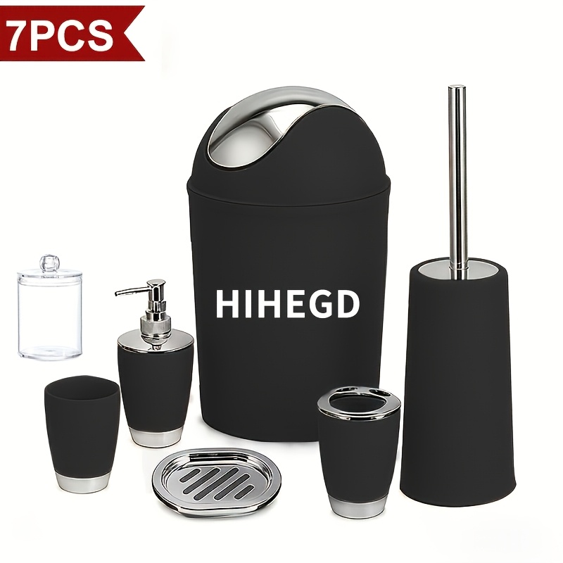TEMU 7pcs Luxury Bathroom Accessory Set - , - Complete With Trash Can, Toilet Brush, Lotion Dispenser, Soap Dish, Mouthwash Cup & Toothbrush Holder -