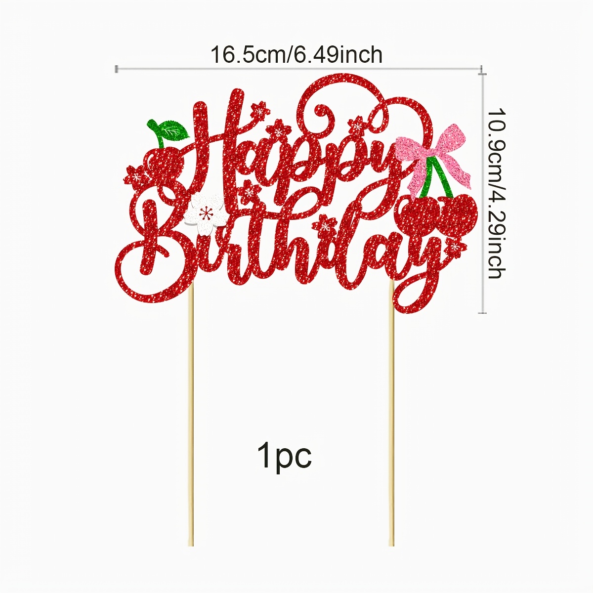 1pc Red Glitter Happy Birthday Cake Topper | Cherries Bowknot Design | Sparkly Cupcake Decoration | Party Supplies | Premium Cardstock，halloween, Christmas