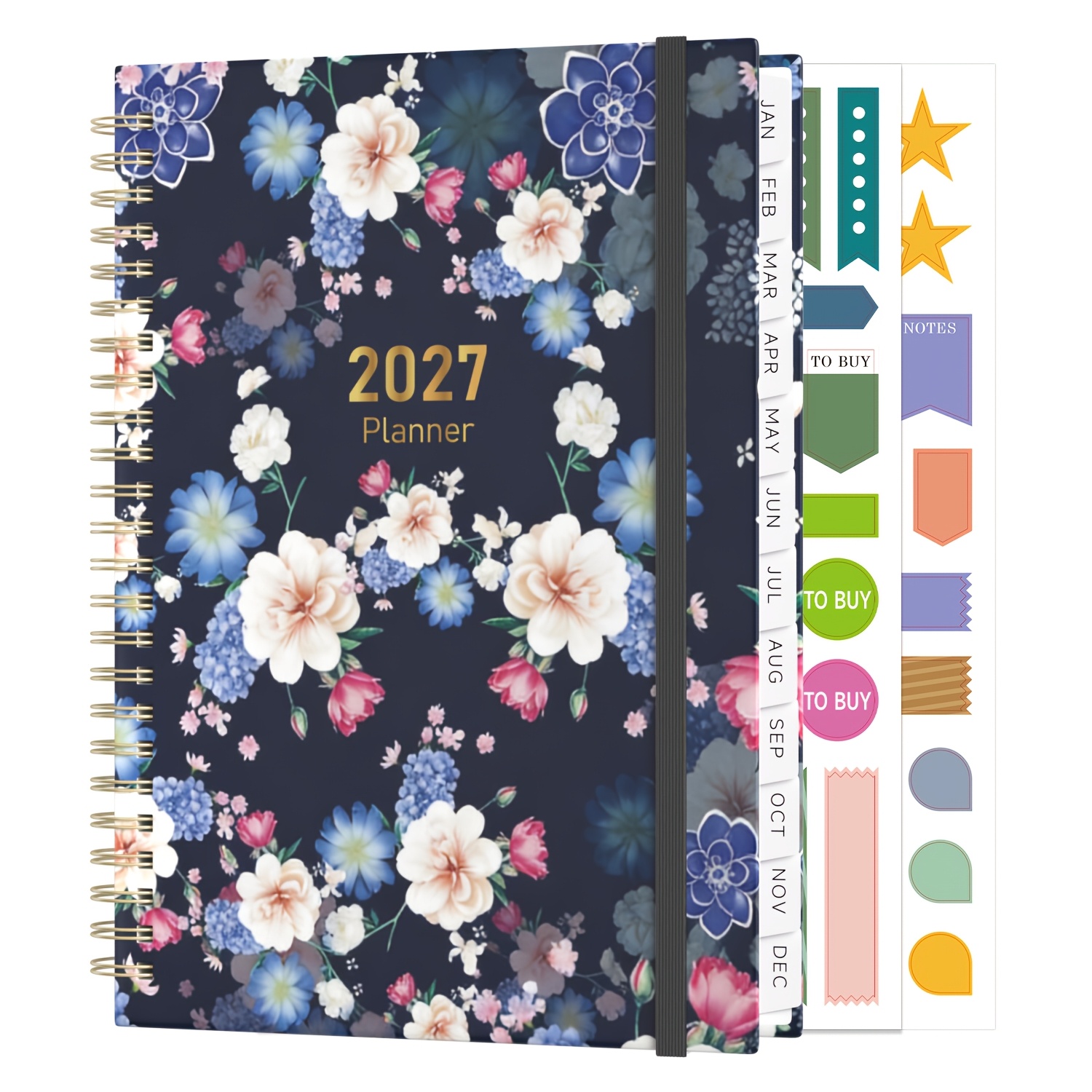 TEMU 1pc 2027 Planner A5 Weekly View With Monthly Tabs, Jan 2027 - Dec 2027, Spiral Bound, Hard Cover, Elastic Band, Double-sided Clear Pocket