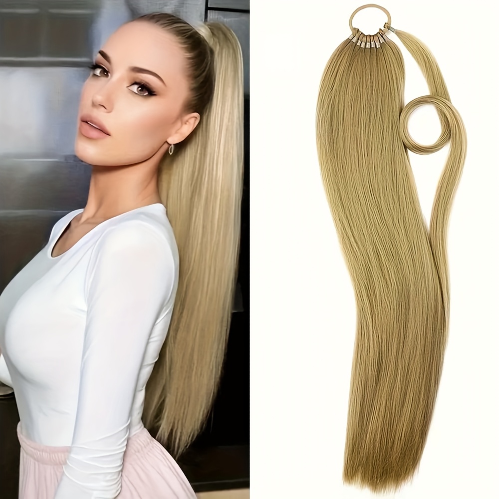 24 inch   straight braiding hair ponytail extension wrap around long straight ponytail with versatile elastic bands for women high temperature fiber   hair extension for women details 2