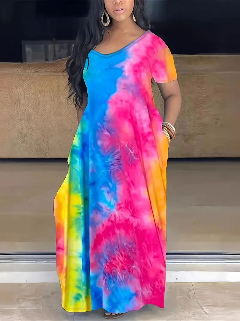 Plus Size Maxi Dress Pocket Women's Plus Tie Dye Print Short - Temu