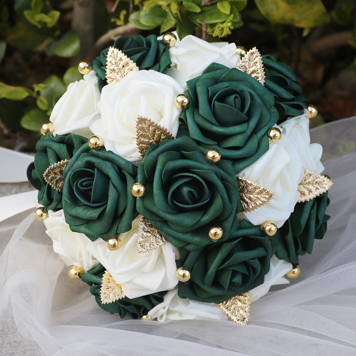 TEMU 1pc Elegant Dark Green Bridal Bouquet With Golden Bead Embellishment Satin Ribbon Bow Bridesmaid Wedding Party Proposal Rose Eternal Bouquet