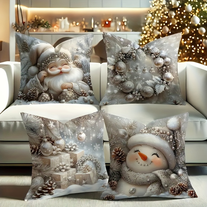

4- Christmas Set - And Snowman Decorative , , - , For Sofa And - 100% Polyester