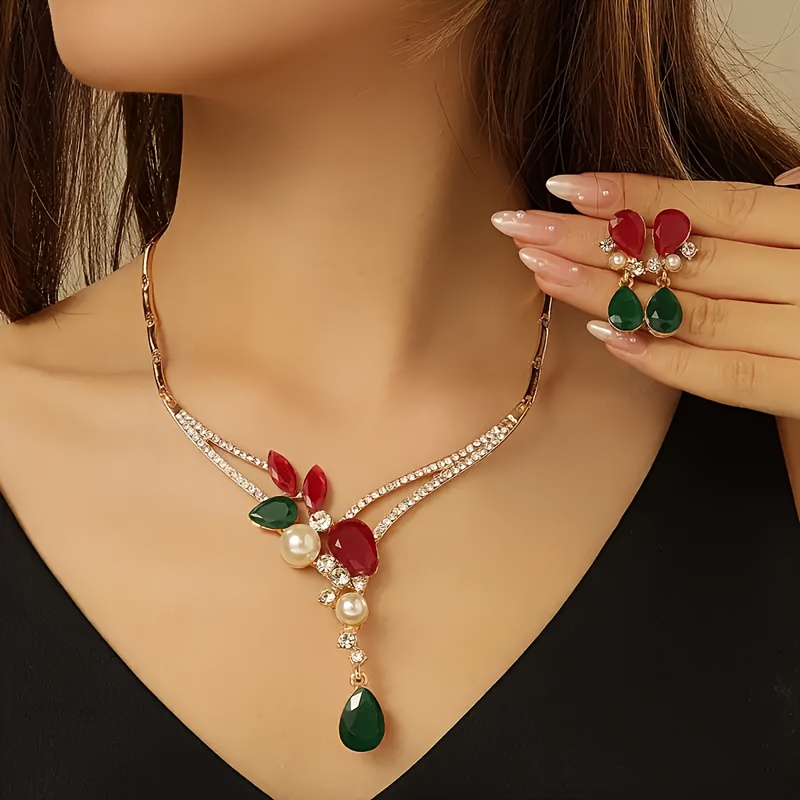 

Luxury -piece Jewelry Set - Red & Green Rhinestone Pearl Hollow Geometric Pendant Necklace With Earrings, Zinc Alloy, Stainless Steel Ear Needle, Ideal For Wedding, Banquet, Christmas Gift For Women