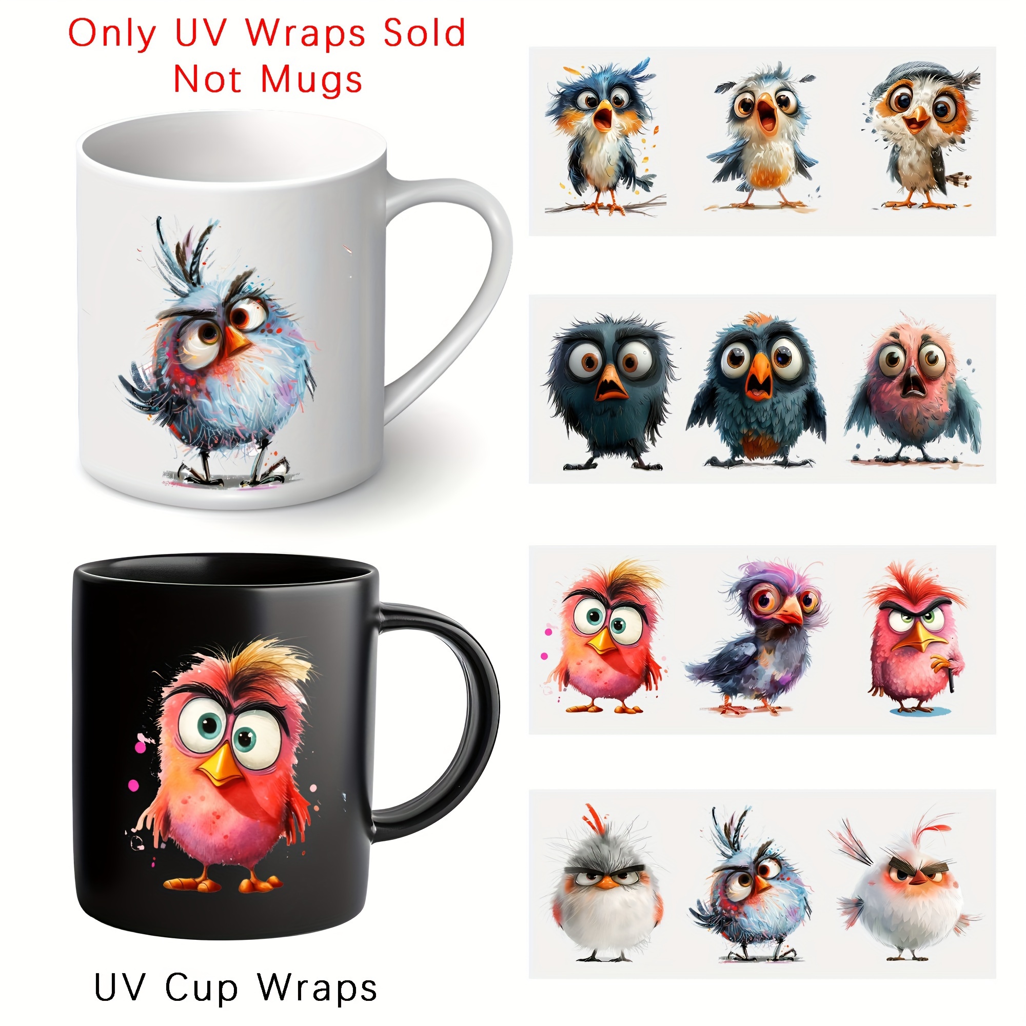 

Uv Dtf Cup Wrap Stickers Set Of 4, Fun Bird Designs, Self-adhesive Waterproof Plastic Transfers For Coffee Mugs And Bottles, Scratch-resistant 3d Crystal Labels