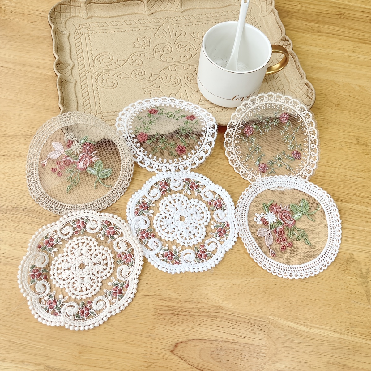 TEMU 6pcs Embroidered Lace Coasters Suitable For Christmas, Valentine' Day, Mother' Day Gifts - Round Hollow-out Floral Table Protectors With Fabric