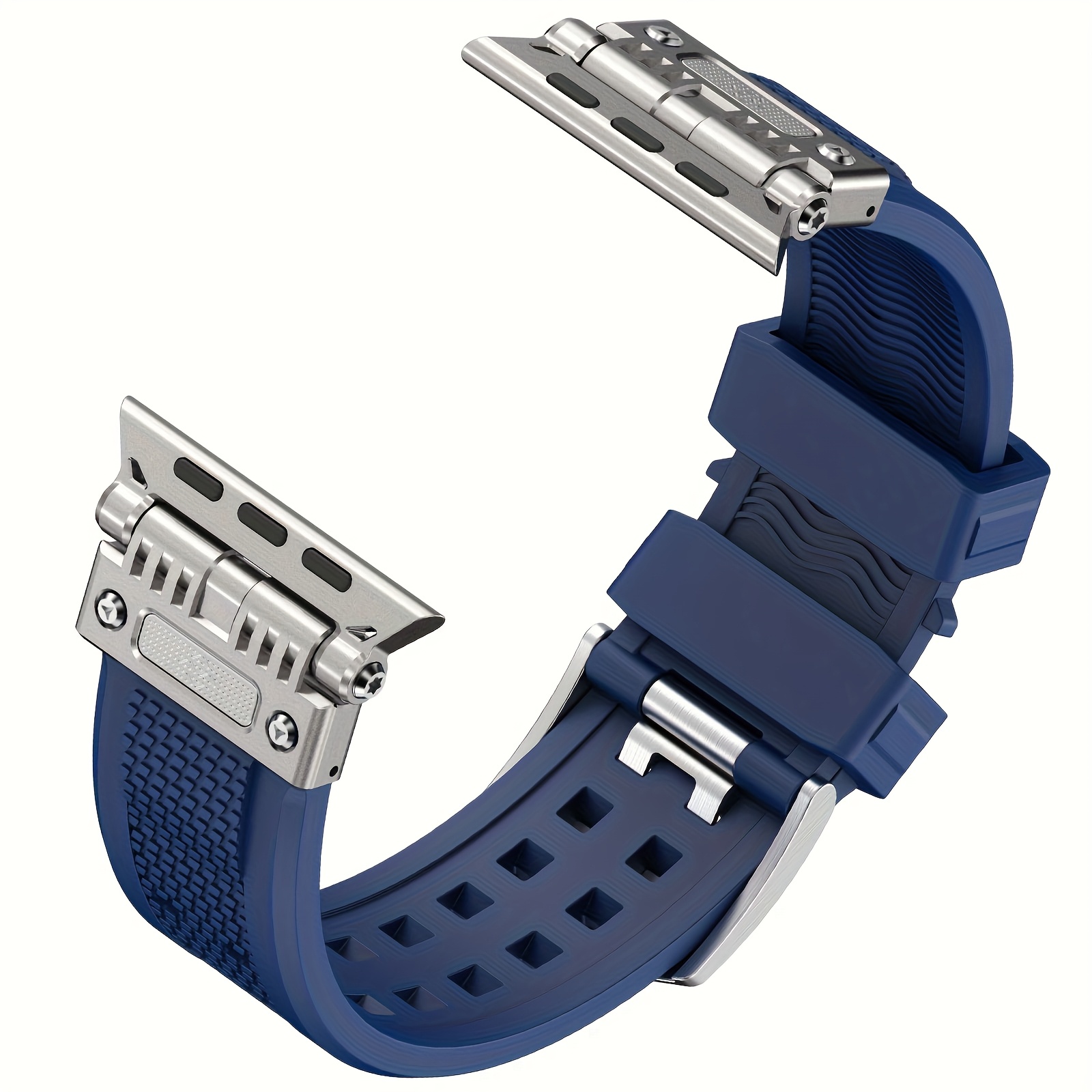 Silicone Band Compatible For Watch: /2/1 (49mm), Series 11/10 (46mm), S9/8/7 (45mm), /5/4/se (44mm). Stainless Steel & Titanium Color Metal Connector Replacement Strap