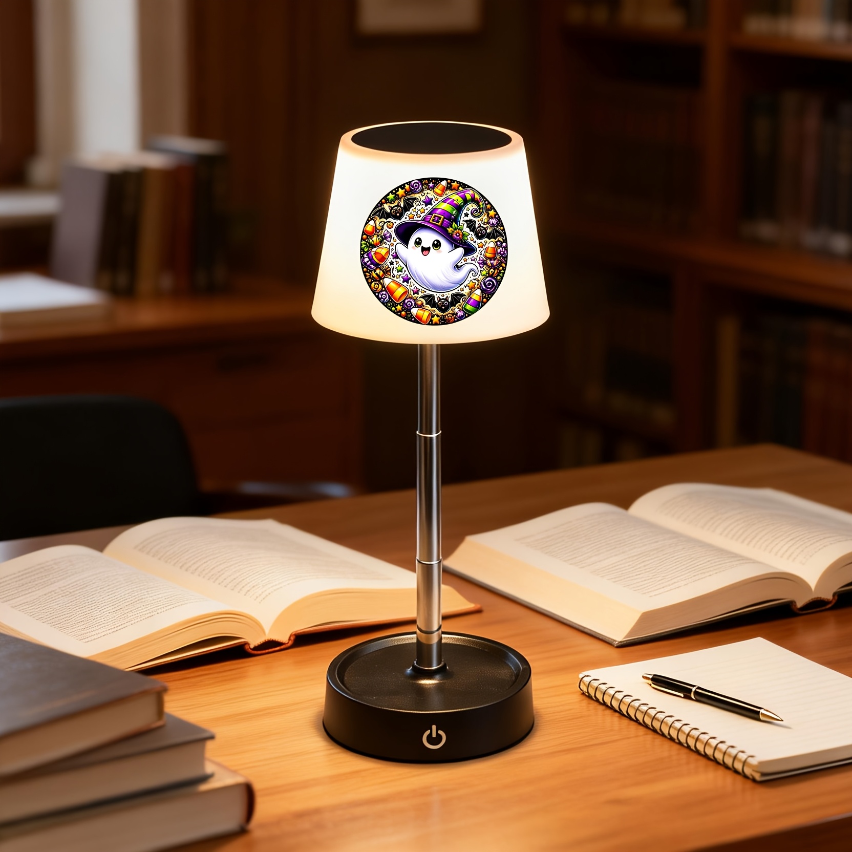 Round Cute Ghost with Wizard Hat Halloween Pattern Desk Lamp, Adjustable & Rechargeable