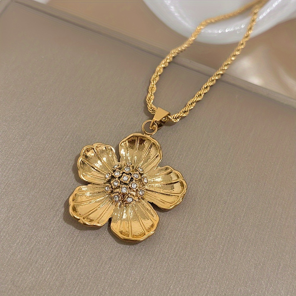 Image of 1pc Vintage Bohemian Golden-tone 316l Stainless Steel Floral Pendant Necklace With Accents, Twist Chain Jewelry Gift For Women - Mother’s Day, Thanksgiving, Wear