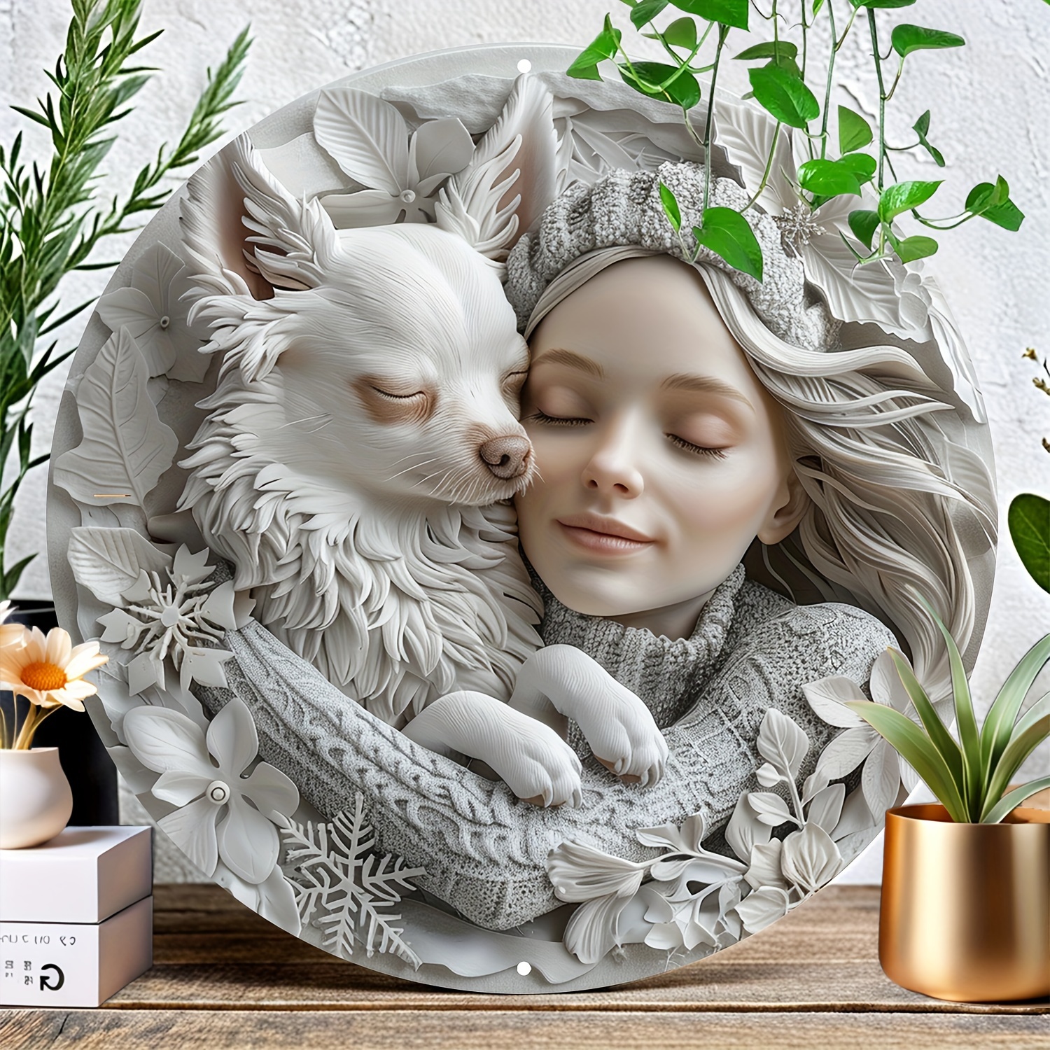 

Creative Dog Chihuahua And Woman Metal Art - 8 Inch Aluminum Wreath Hd Vivid Print - Durable, Weatherproof Home Decor For Homes, Living Spaces, And Memorable Pet Gifts